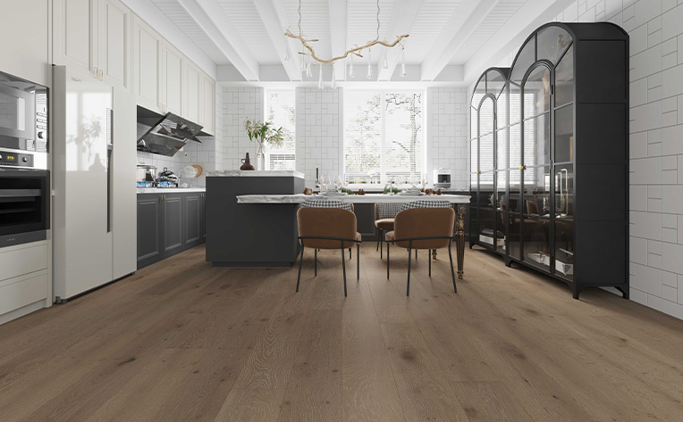 wide-plank wood flooring in kitchen